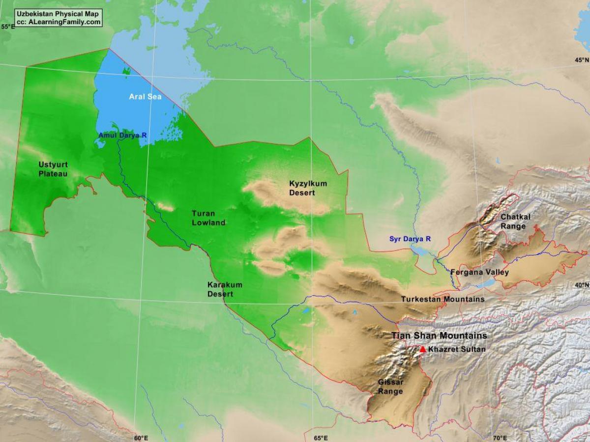 מפה של אוזבקיסטן פיזית.